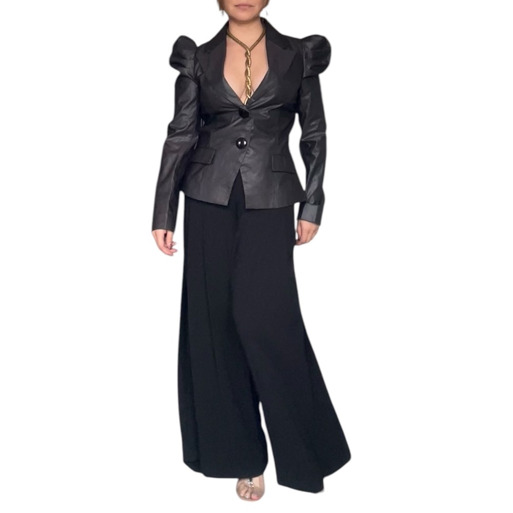 Only - Black Faux Leather Blazer Puff Shoulder Structured Small - Picture 4 of 10